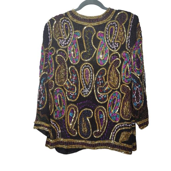 Vintage 80s 90s Laurence Kazar Plus Sz 4X Silk All Over Sequin Paisely Jacket - Picture 7 of 7